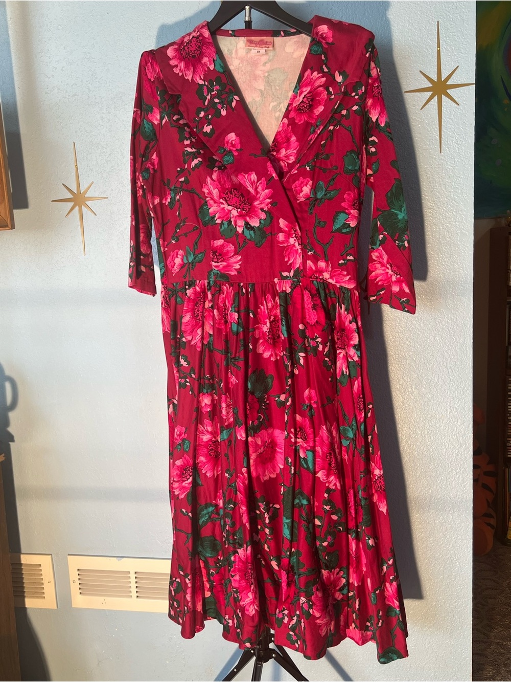 Pinup Couture Red Floral Wrap Midi Dress with Pink Blooms